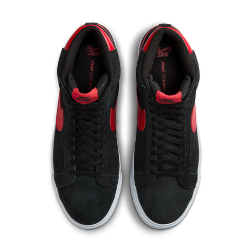 Blazer Mid Black/University Red colorway pair top view