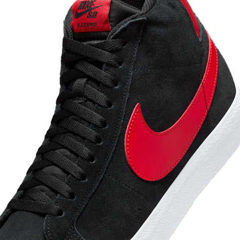 Blazer Mid Black/University Red colorway close up detail top