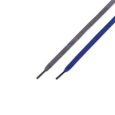 Two pairs of shoelaces, one gray and one blue, on a white background.