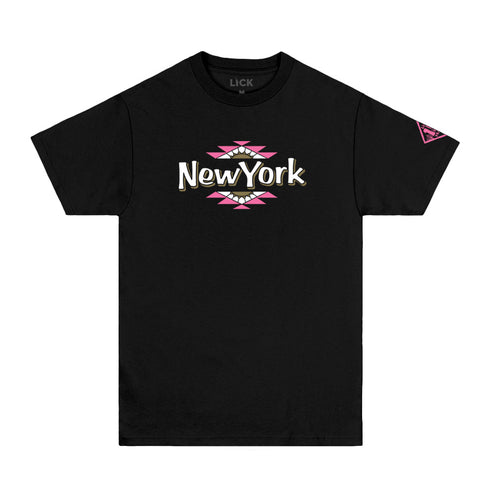 Black t-shirt with 'New York' text and pink graphics on a white background