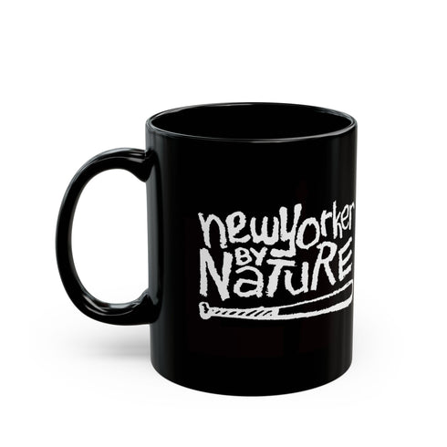 new yorker by nature graphic on black coffee mug on white background