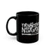 new yorker by nature graphic on black coffee mug on white background