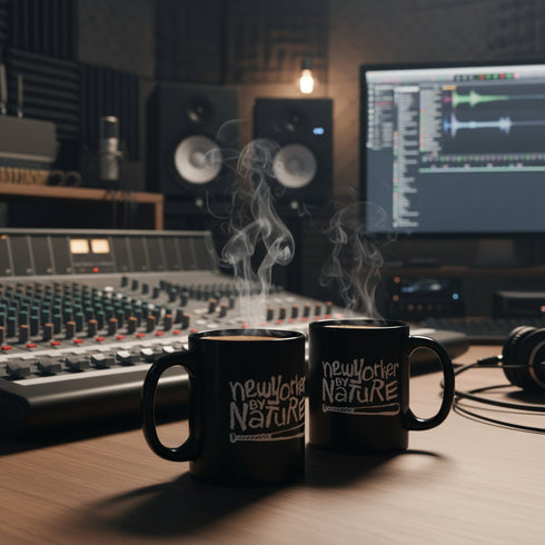 black coffee mugs on desk