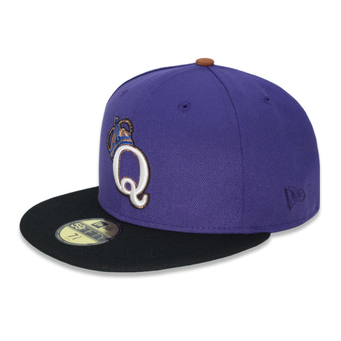 Purple and black baseball cap with a letter Q with crown logo on a white background