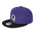 Purple and black baseball cap with a letter Q with crown logo on a white background