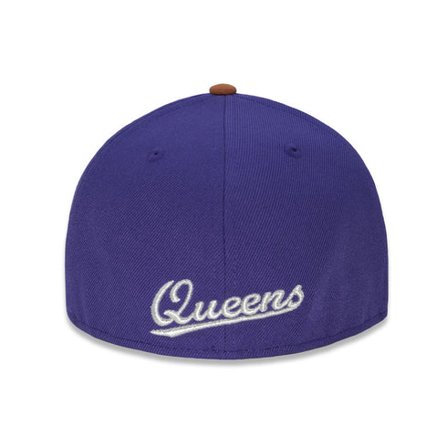 Purple baseball cap with Queens script on back on a white background